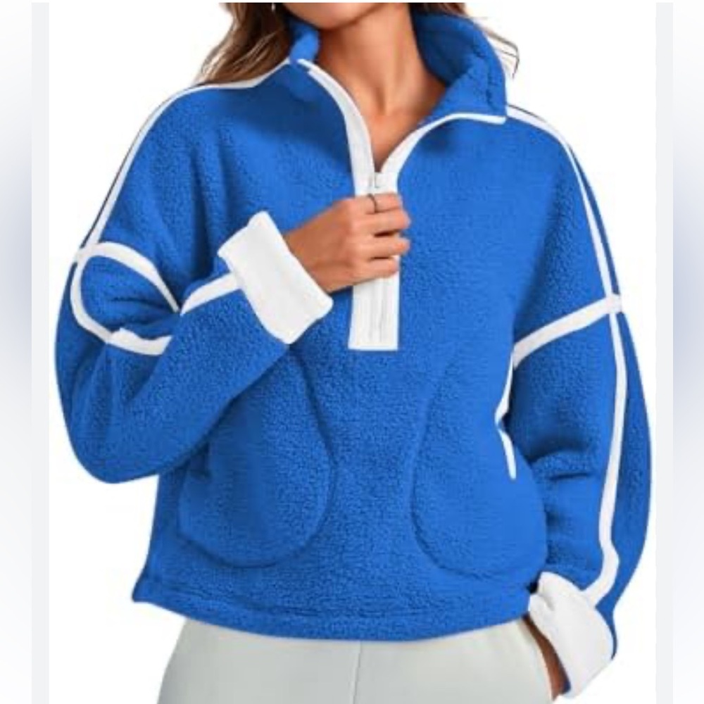 Free People Blue Sherpa Pullover Jacket with White Trim